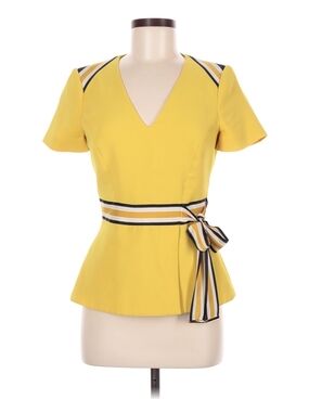 Karen Millen Yellow V-Neck Peplum Top with Striped Tie Waist